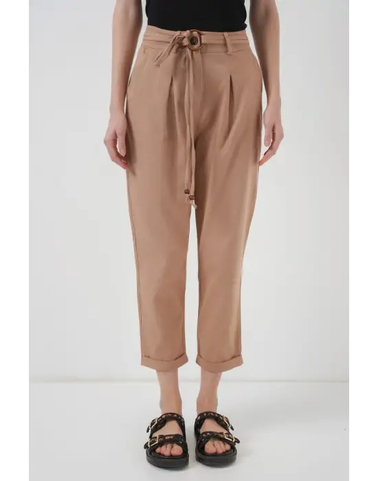 6660 Kemerli Keten Pantolon - Bisküvi