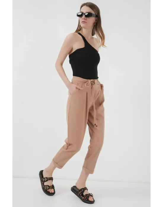 6660 Kemerli Keten Pantolon - Bisküvi
