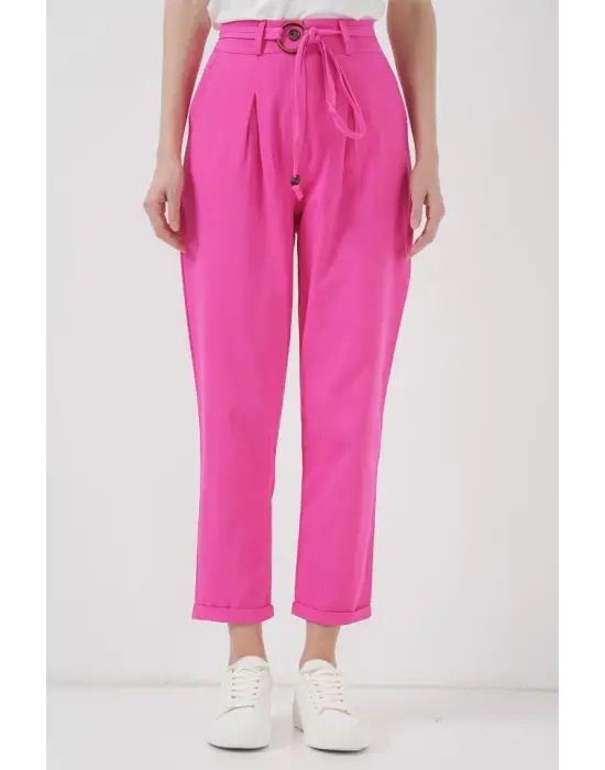 6660 Kemerli Keten Pantolon - Fuşya