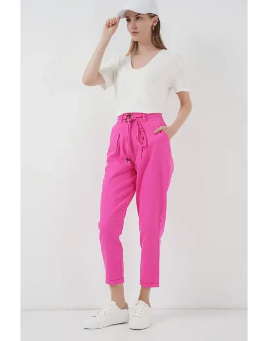6660 Kemerli Keten Pantolon - Fuşya