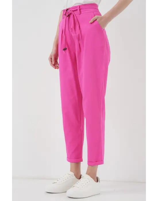 6660 Kemerli Keten Pantolon - Fuşya