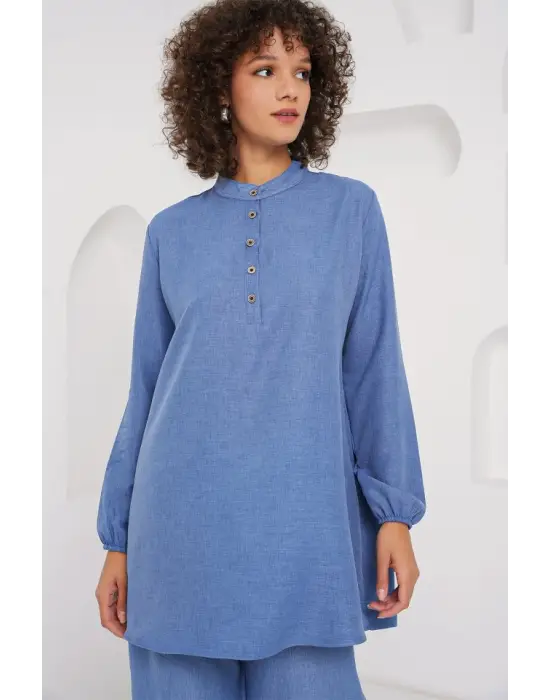 6678 Keten Tunik Pantolon İkili Takım - İndigo