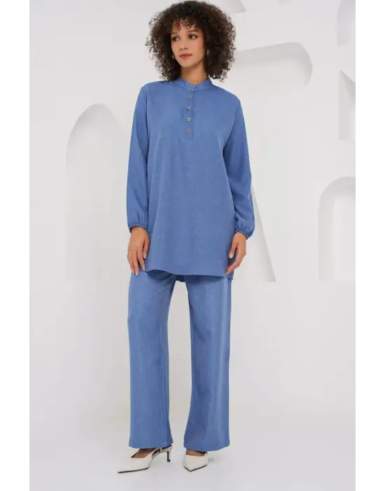 6678 Keten Tunik Pantolon İkili Takım - İndigo