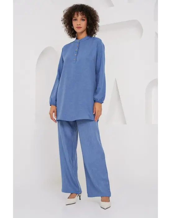 6678 Keten Tunik Pantolon İkili Takım - İndigo