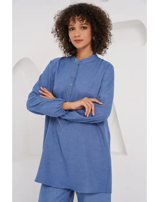 6678 Keten Tunik Pantolon İkili Takım - İndigo
