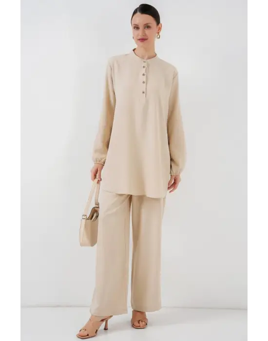 6678 Keten Tunik Pantolon İkili Takım - Krem