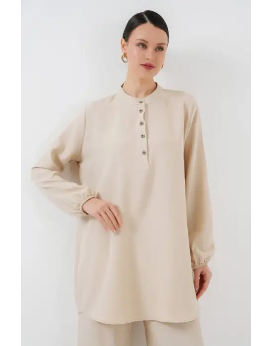 6678 Keten Tunik Pantolon İkili Takım - Krem