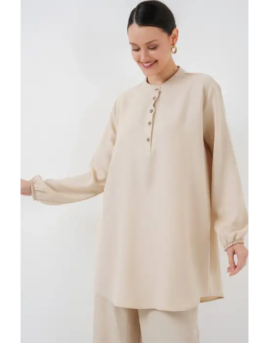 6678 Keten Tunik Pantolon İkili Takım - Krem