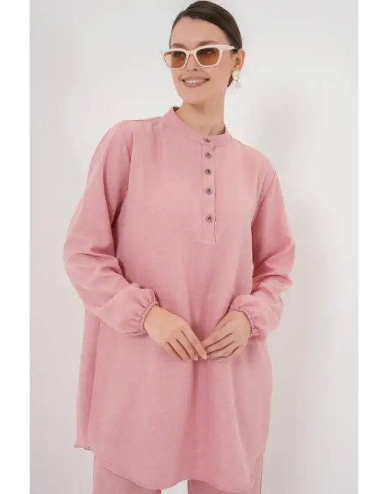 6678 Keten Tunik Pantolon İkili Takım - Pembe