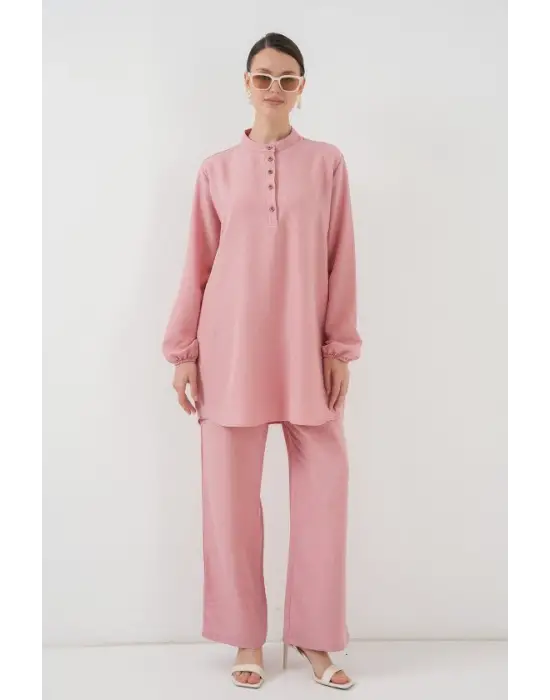 6678 Keten Tunik Pantolon İkili Takım - Pembe