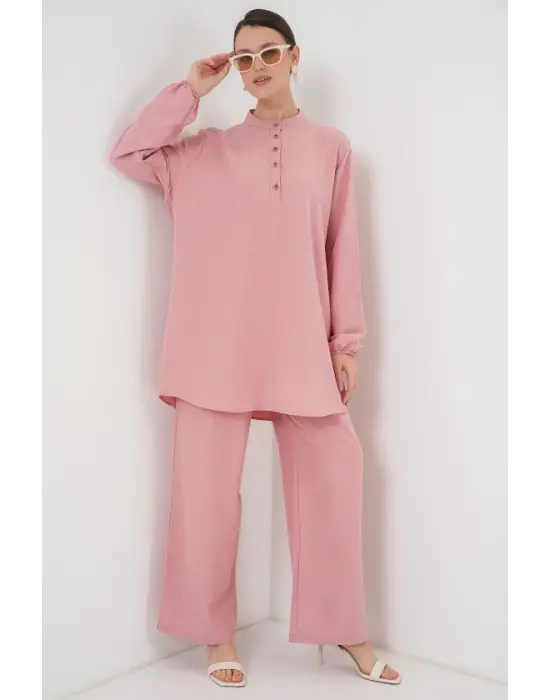 6678 Keten Tunik Pantolon İkili Takım - Pembe