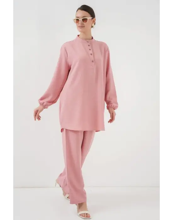 6678 Keten Tunik Pantolon İkili Takım - Pembe