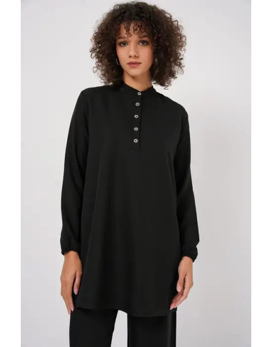 6678 Keten Tunik Pantolon İkili Takım - Siyah