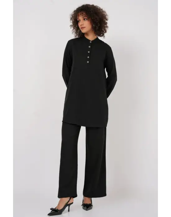 6678 Keten Tunik Pantolon İkili Takım - Siyah