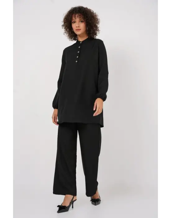 6678 Keten Tunik Pantolon İkili Takım - Siyah