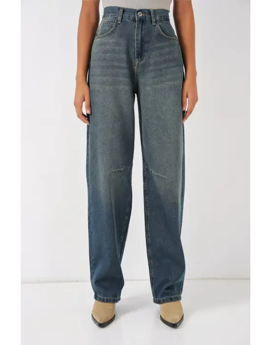 6689 Yüksek Bel Baggy Kot Pantolon - İndigo