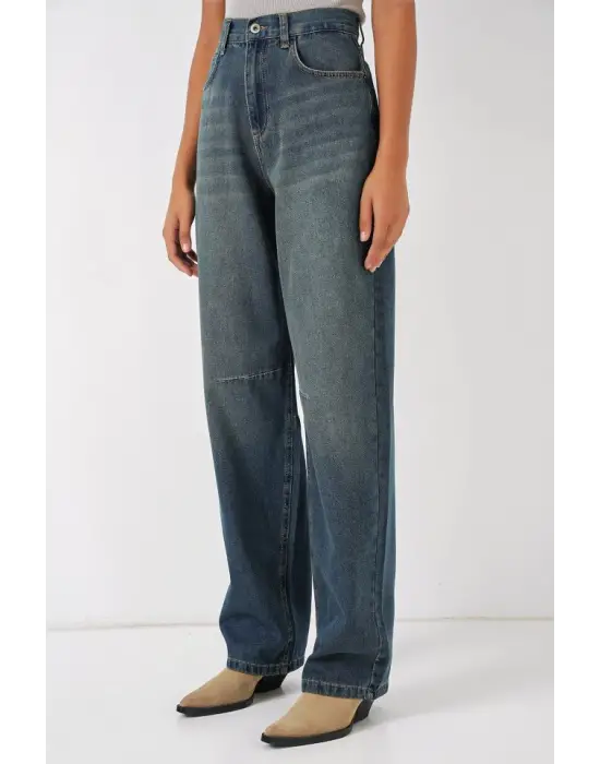 6689 Yüksek Bel Baggy Kot Pantolon - İndigo