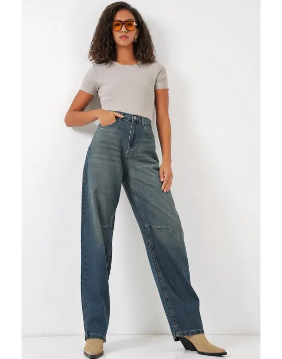 6689 Yüksek Bel Baggy Kot Pantolon - İndigo