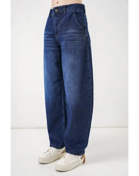 6689 Yüksek Bel Baggy Kot Pantolon - Lacivert
