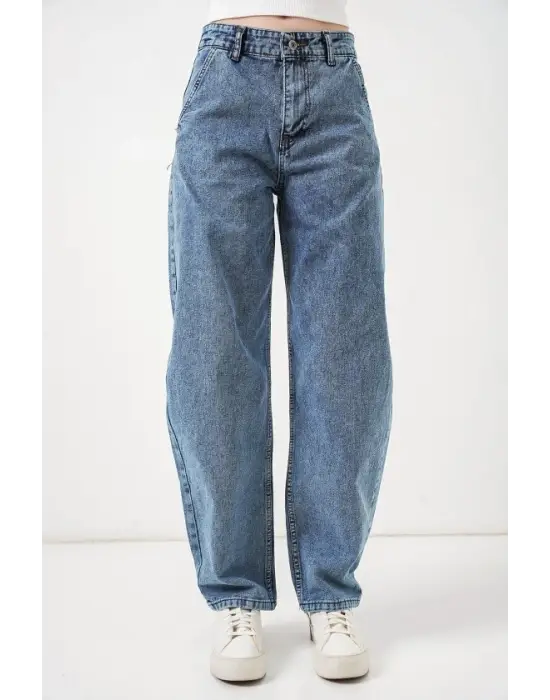 6689 Yüksek Bel Baggy Kot Pantolon - Mavi