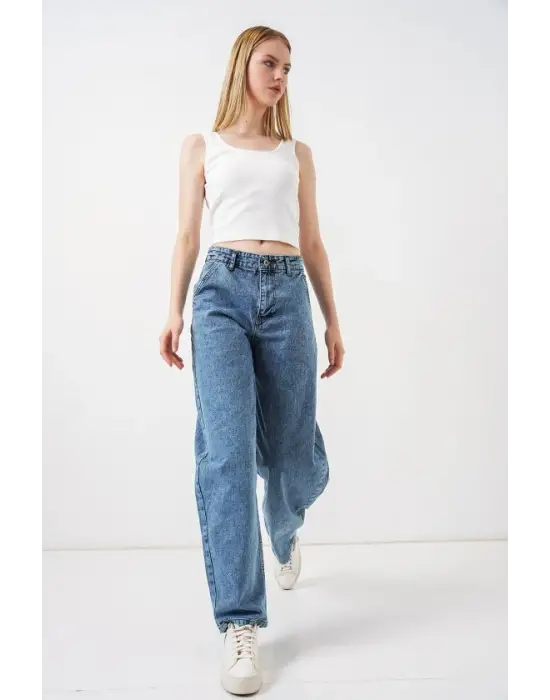 6689 Yüksek Bel Baggy Kot Pantolon - Mavi