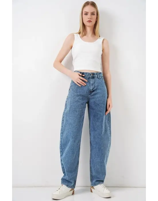 6689 Yüksek Bel Baggy Kot Pantolon - Mavi