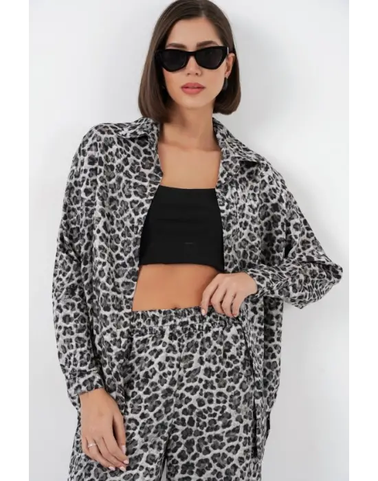 6699 Leopar Desenli Alt Üst Takım - Antrasit
