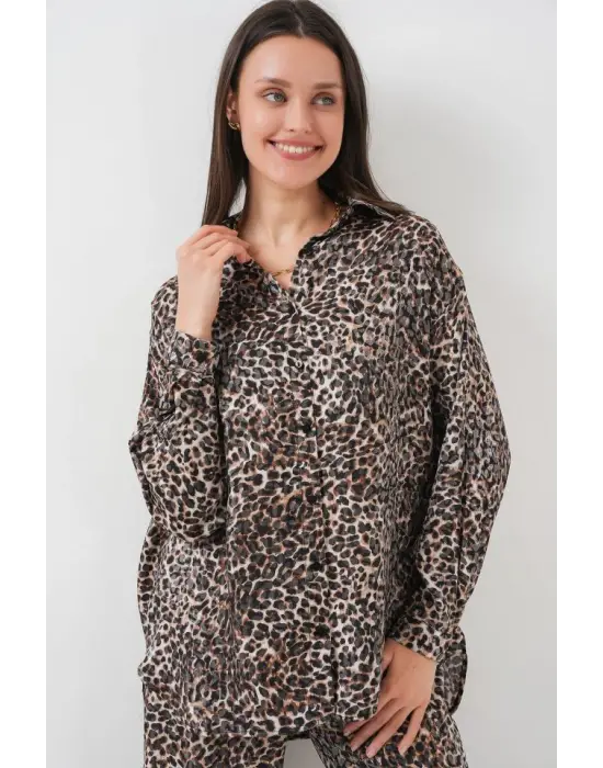 6699 Leopar Desenli Alt Üst Takım - C. Kahverengi