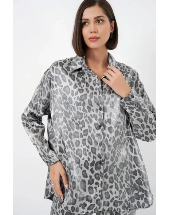 6699 Leopar Desenli Alt Üst Takım - Gri