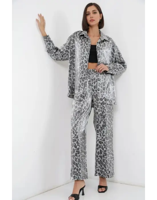 6699 Leopar Desenli Alt Üst Takım - Gri