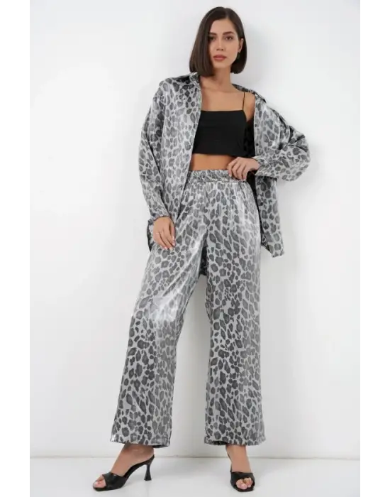 6699 Leopar Desenli Alt Üst Takım - Gri