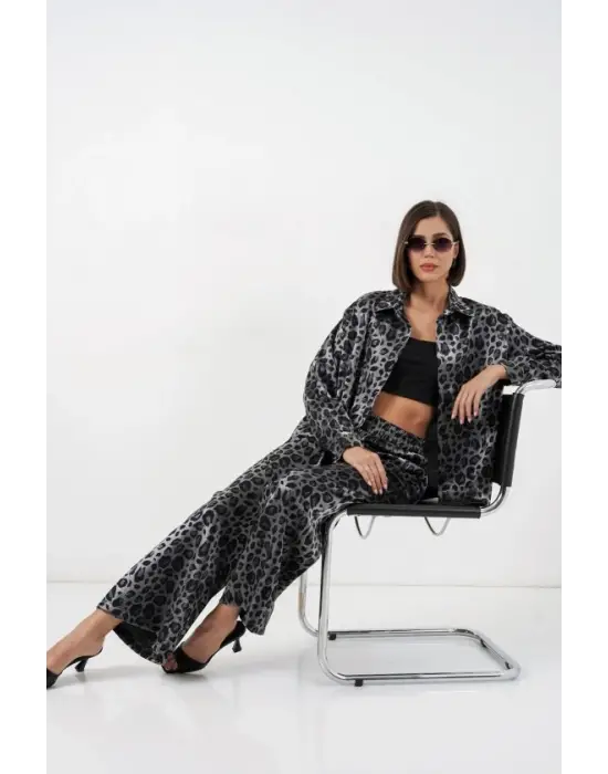 6699 Leopar Desenli Alt Üst Takım - Siyah