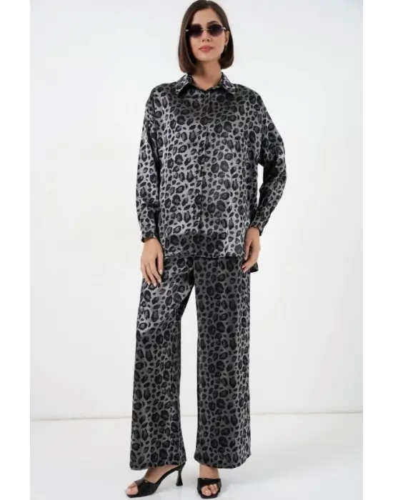 6699 Leopar Desenli Alt Üst Takım - Siyah