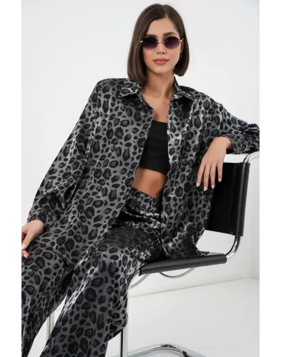 6699 Leopar Desenli Alt Üst Takım - Siyah