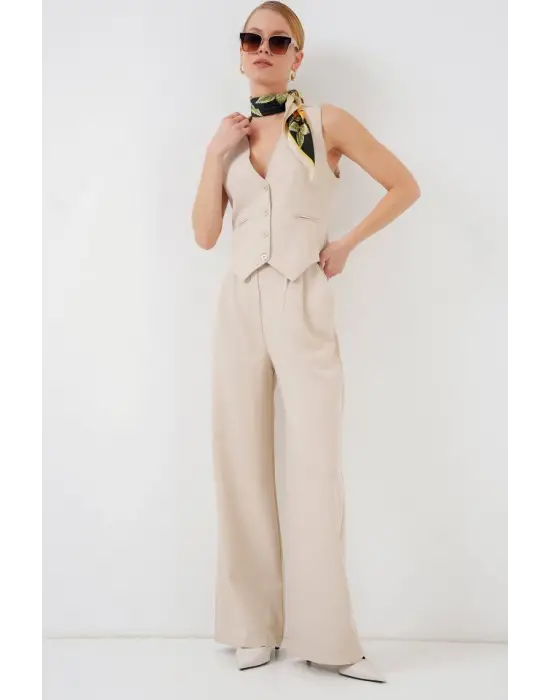 6709 Yelek Pantolon İkili Takım - Krem