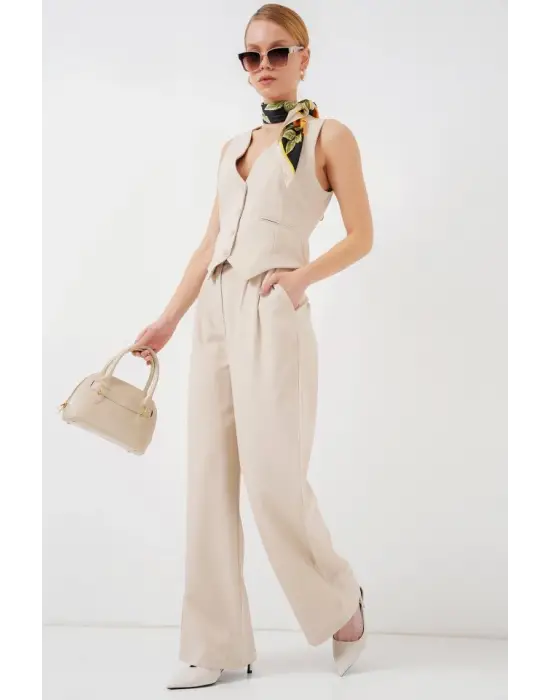 6709 Yelek Pantolon İkili Takım - Krem