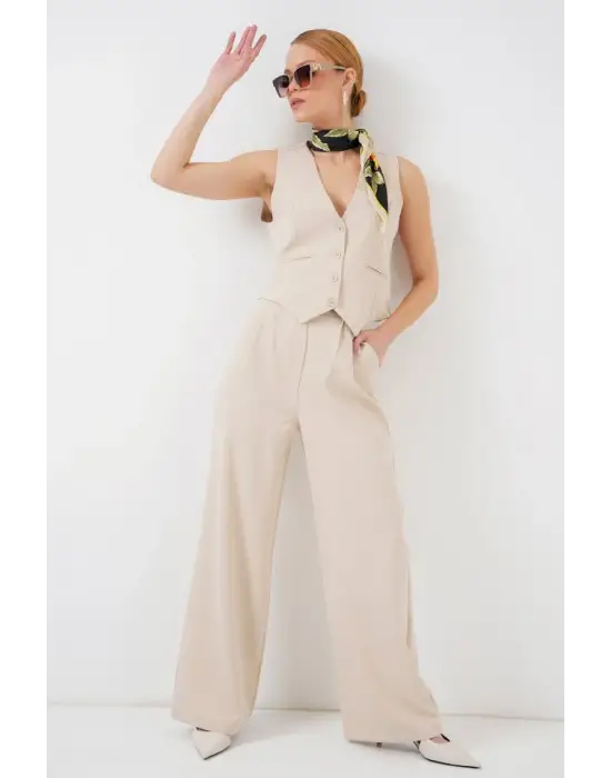 6709 Yelek Pantolon İkili Takım - Krem