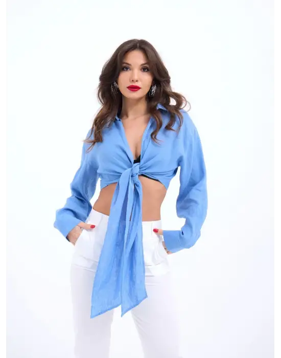 Omarı Yüksek Bel Kesim Crop Pantolon - Mavi