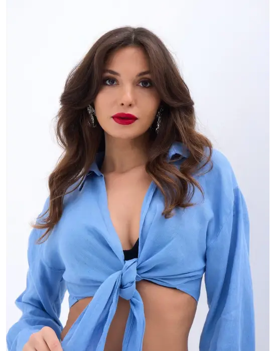 Omarı Yüksek Bel Kesim Crop Pantolon - Mavi