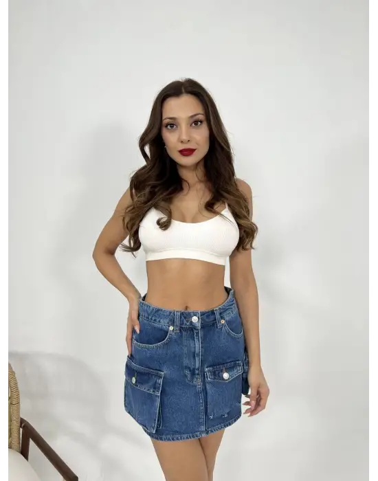 Omarı Yüksek Bel Mavi Denim Etek