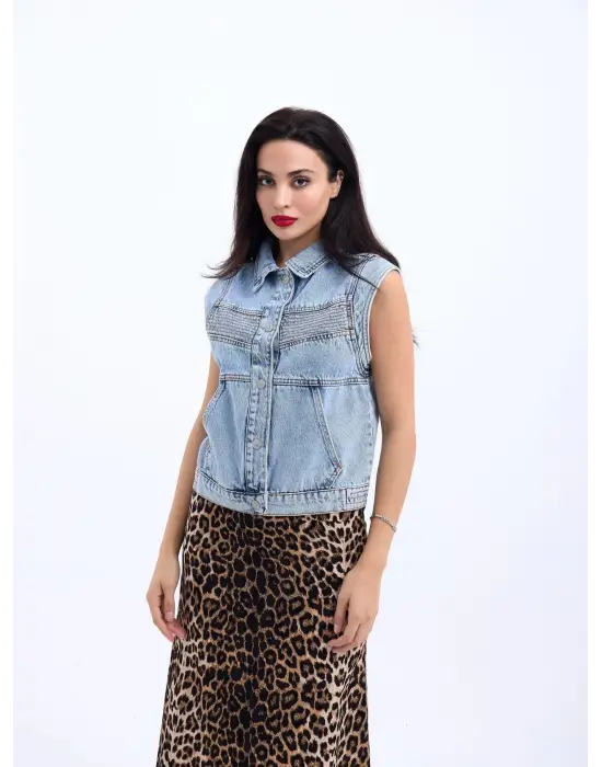 Omarı İnce Dokulu Mavi Kot Yelek