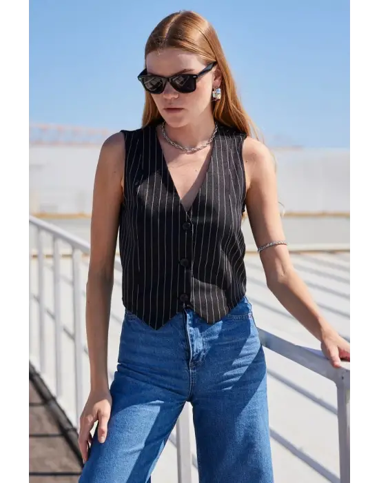 6794 Çizgili Dokuma Yelek - Siyah