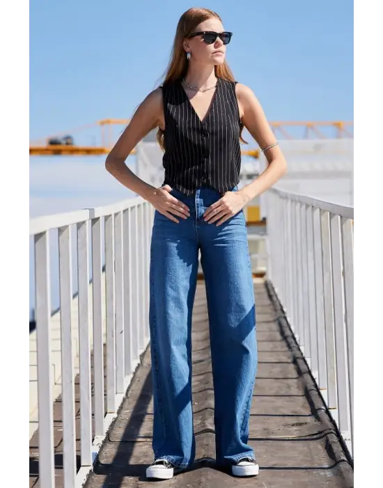 6794 Çizgili Dokuma Yelek - Siyah