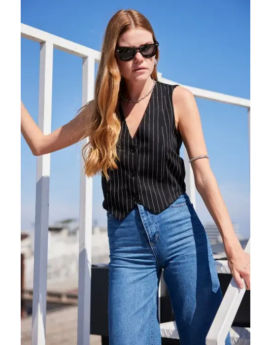 6794 Çizgili Dokuma Yelek - Siyah