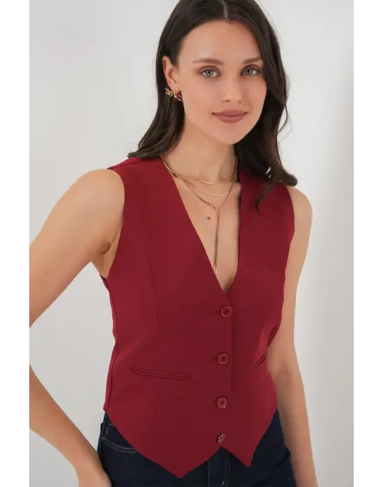 6796 Kısa Dokuma Yelek - Bordo