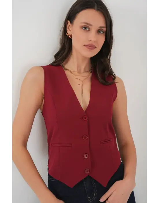 6796 Kısa Dokuma Yelek - Bordo