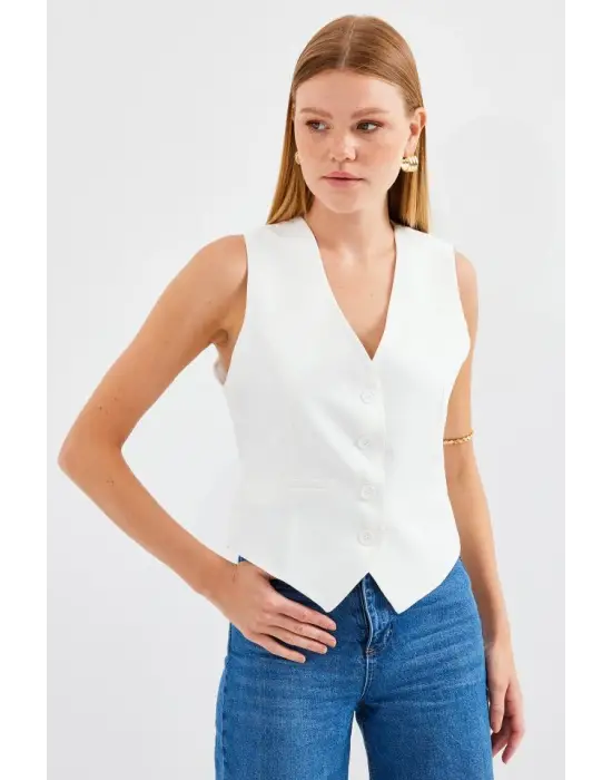 6796 Kısa Dokuma Yelek - Ekru