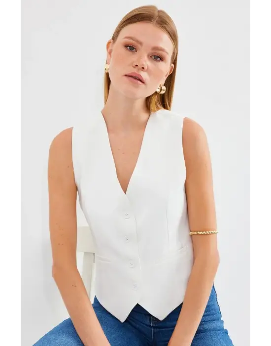 6796 Kısa Dokuma Yelek - Ekru