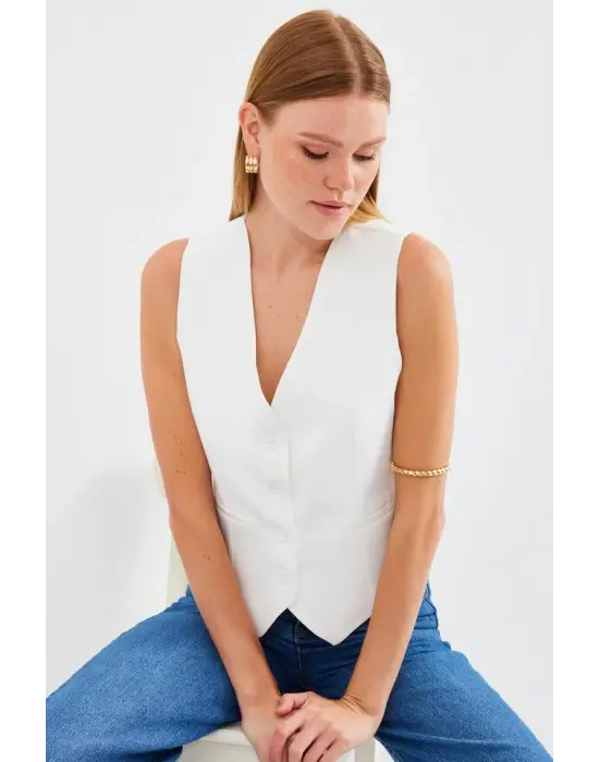 6796 Kısa Dokuma Yelek - Ekru