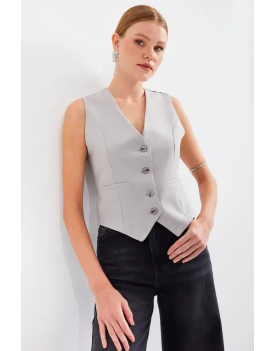 6796 Kısa Dokuma Yelek - Gri